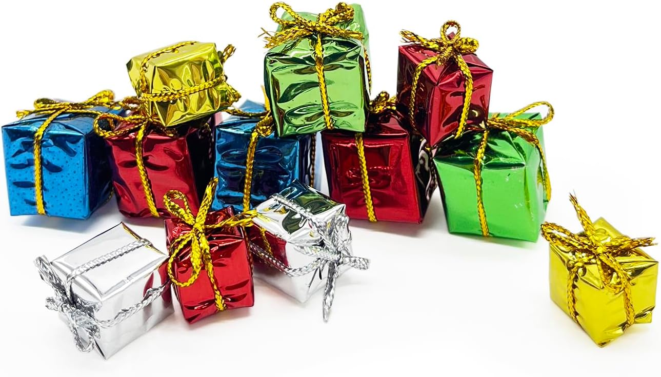 Miniature Assorted Gift Boxes, Dollhouse Wrapped Gifts Presents Foil Paper, Christmas or Birthday Gift Box, for Fairy Garden, Diorama, Miniature Decoration (12PCS)