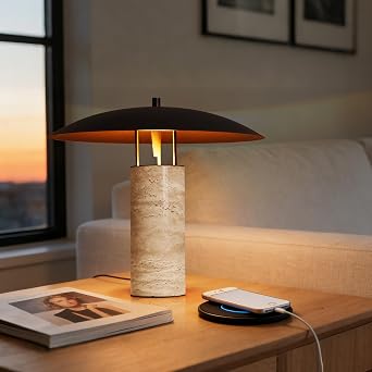 Mid-Century Modern Large Table Lamp, Natural Travertine Bedside Lamp with Matte Black Iron Shade, Organic Nightstand Lamps for Bedroom, Kid Room, Nursery, Living Room, G45 Bulb Bulb Included