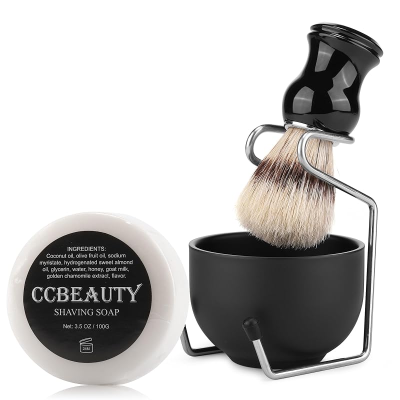 Kit CCbeauty com pincel e tigela para barbear, suporte e sabonete preto, 4 peças