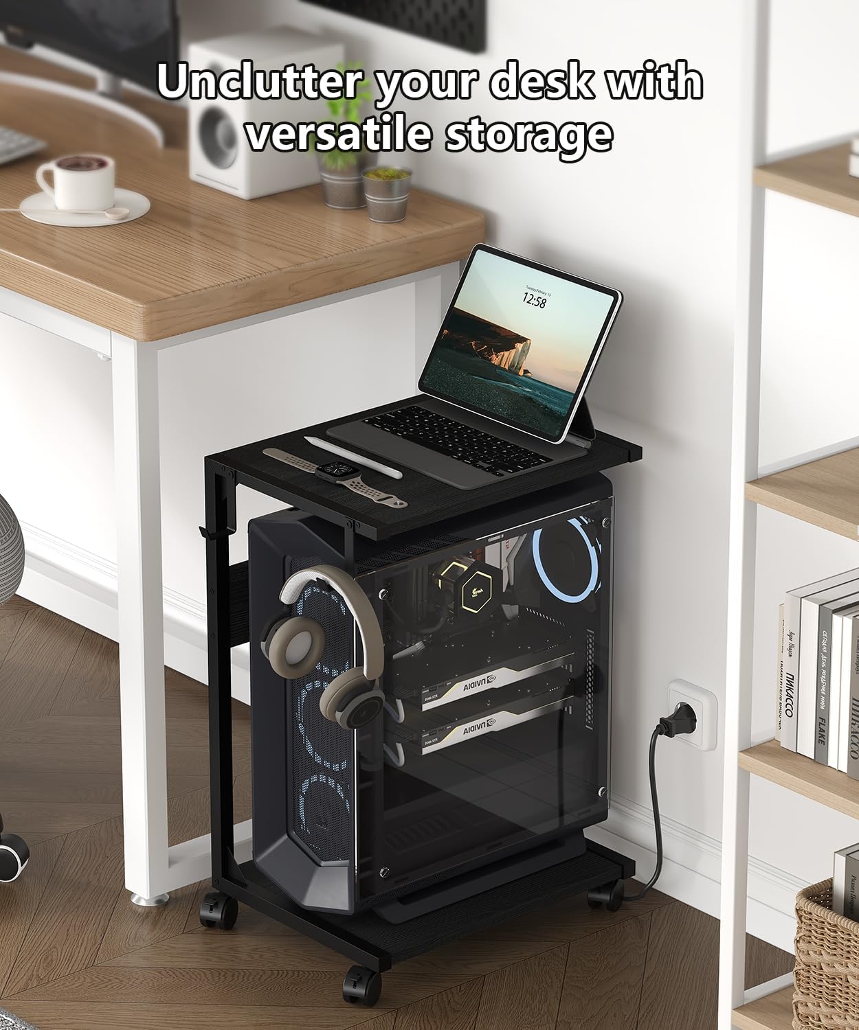 CPU Stand and Computer Holder Bundle, Rolling Floor PC Stand Fits Under Desk, CPU Holder Cart for Carpet with Hooks, Home Office, B0F5HF212Q-B0F62PYQMQ