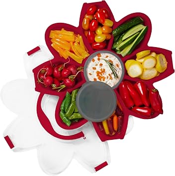 KOLORAE Flower Snack Serving Tray - 9 Compartment Party Platter with Dressing Cup for Chips and Dip, Fruits and Veggies - Game Day & Summer Entertaining Tray