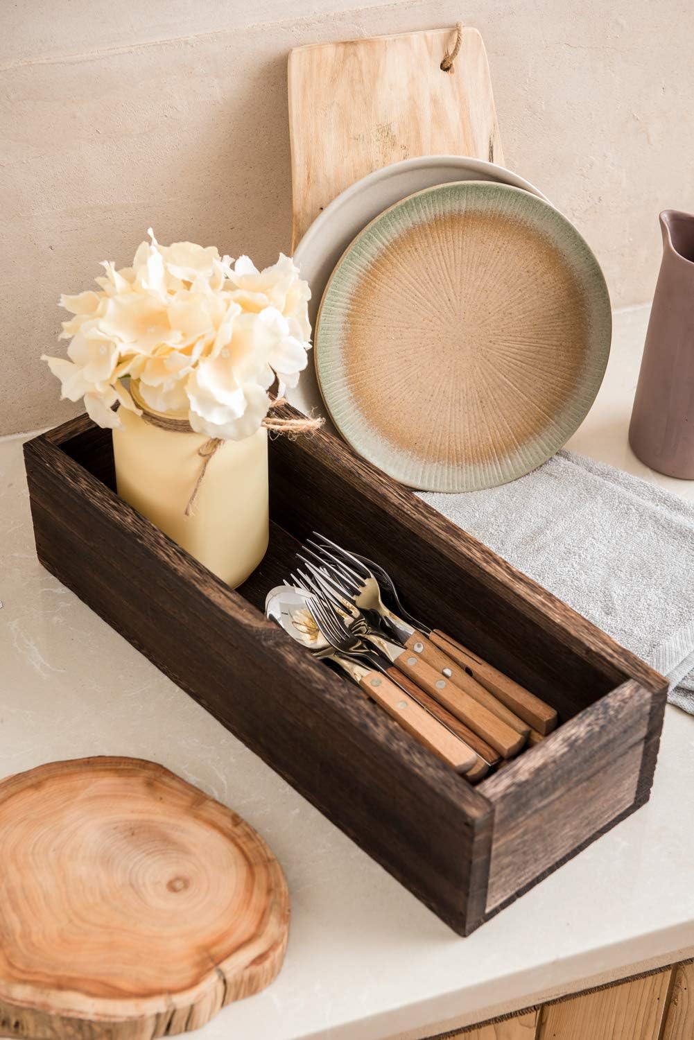 Mkono Bathroom Decor Box Toilet Paper Basket Wood Tank Topper Basket Holder with Mason Jar and Flower Bathroom Behind Toilet Top Storage Organizer Box Farmhouse Rustic Home Decor, Yellow