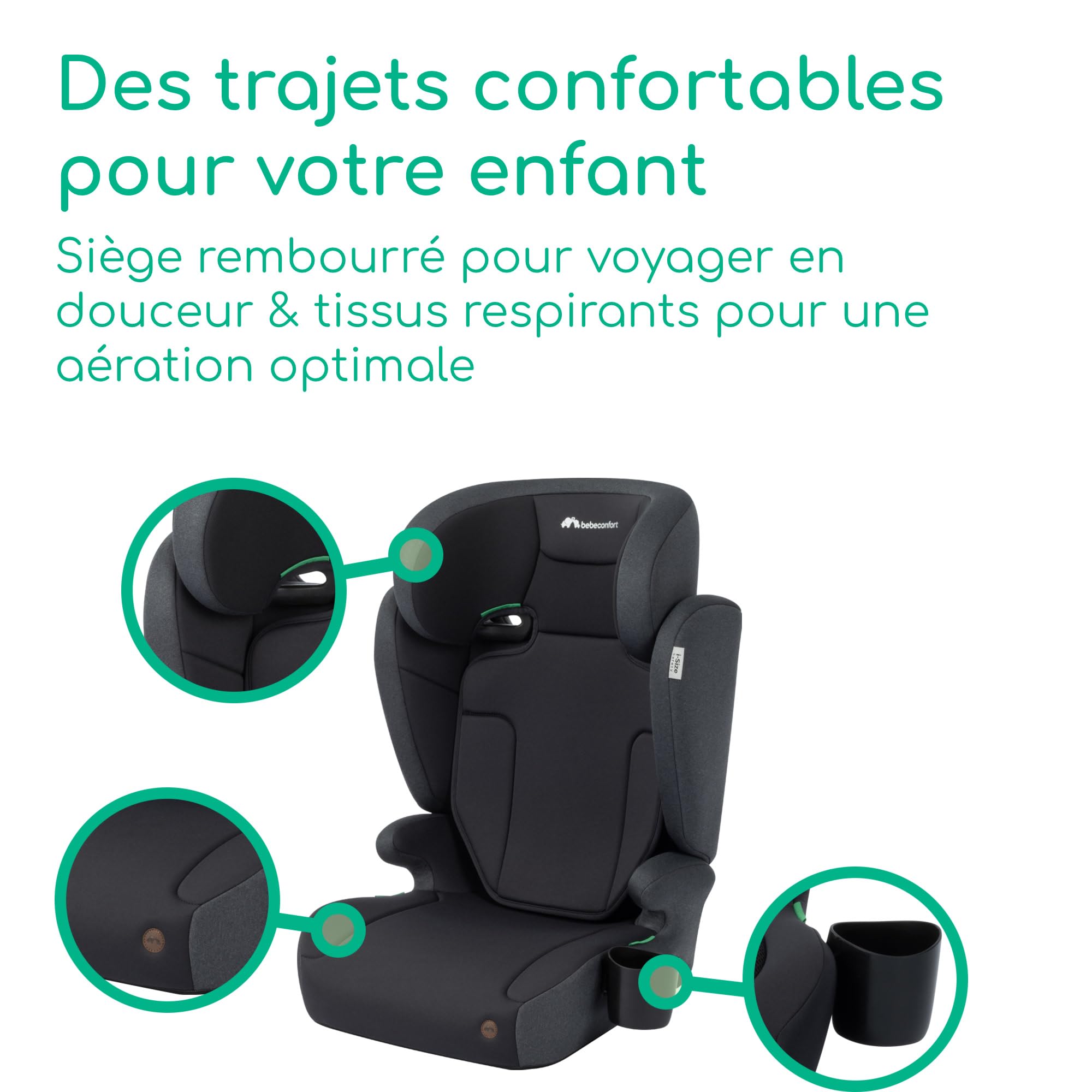 Bebeconfort Ride 2-in-1 i-Safe, Rehausseur Siège-auto Enfant, 3,5-12 ans (100-150 cm), Rehausseur Ceinturé, Dossier Amovible, Léger (3,4 kg), 11 Positions D'appui-tête, Porte-gobelet, Full Black