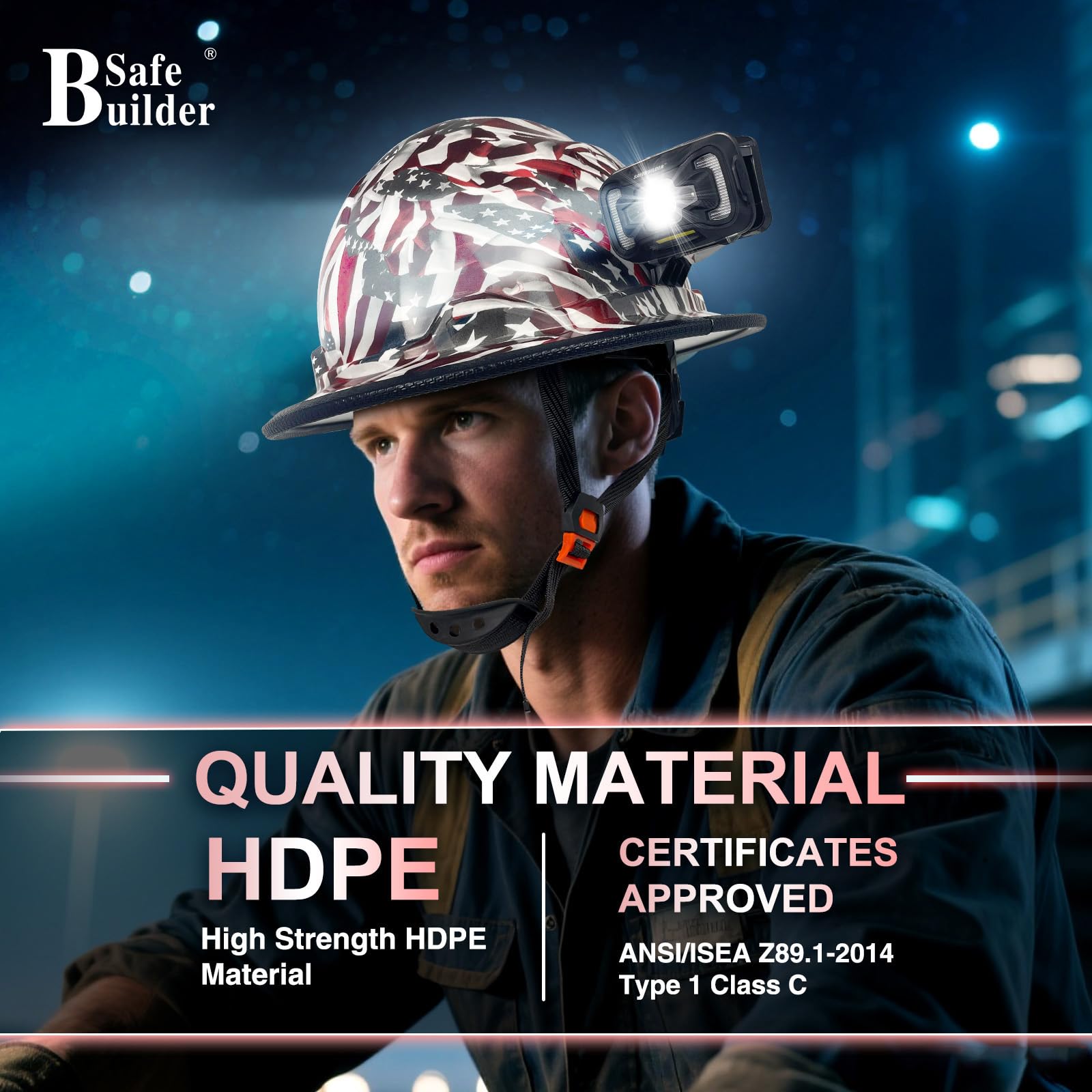 SAFEBUILDER Cascos duros de ala completa con lámpara recargable, casco de seguridad con faro, suspensión de 6 puntos, construcción ventilada, trabajo al aire libre, aprobado por ANSI