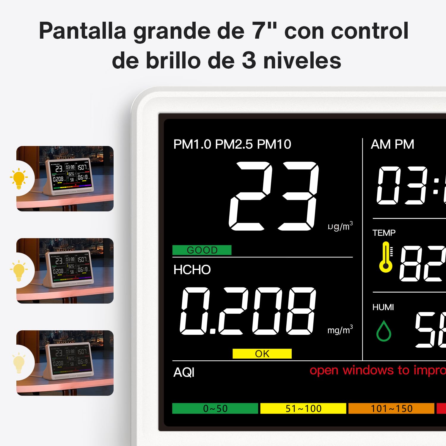 Moniteur de qualité d'air intérieur 16 en 1 avec écran 7", autonomie améliorée de 12 heures. Compteur professionnel pour CO₂, COV, PM2.5, PM1.0, PM10, HCHO, température, humidité, AQI et heure