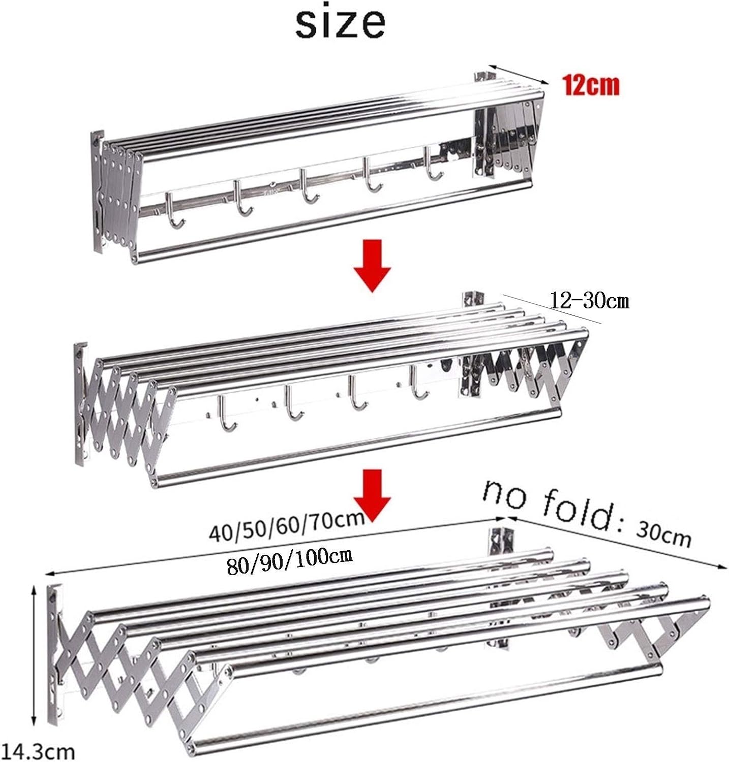 Clothes Airer Wall Mounted Folding Laundry Drying Rack Towel Bar SES Space-Saver Indoor/Outdoor Retractable Dry Coat Hanger for Room,100cm/39.4inch