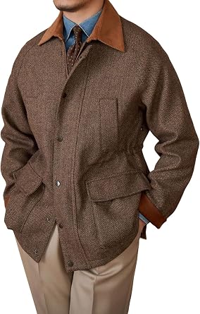 Men's Casual Vintage Tweed Jacket British Countryside Shooting Jacket for Autumn Winter Warm