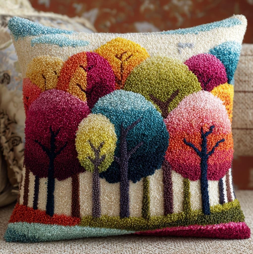 Henypt Latch Hook Pillow Kit 43x43cm,Cartoon Tree Embroidery Cushion Set for Home Interior,Relaxing Hobby for Adults & Craft Beginners