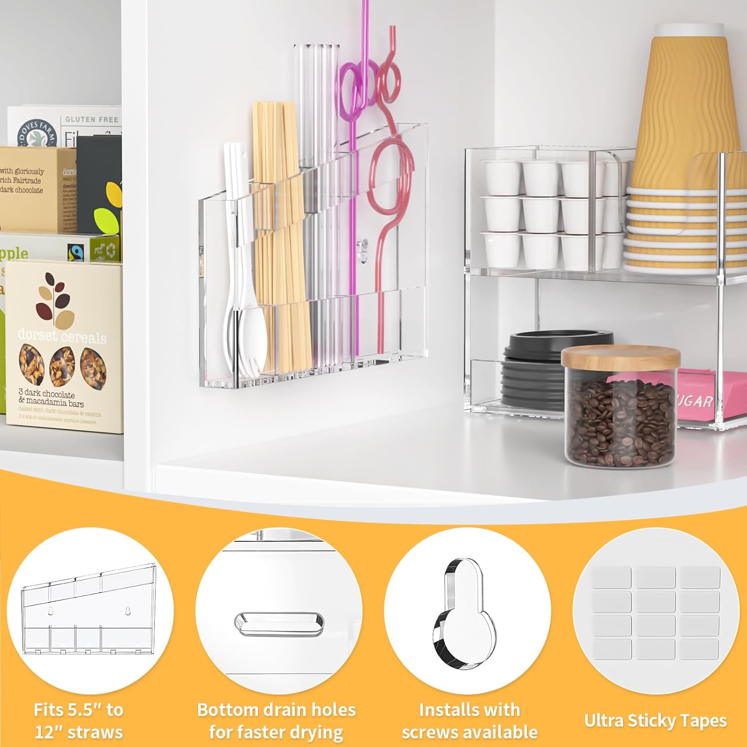 Acrylic Straw Holder for Cabinet - 9.5 Inch Clear Reusable Straw Organizer Dispenser with Ultra Sticky Adhesive Tapes, Slanted Kitchen Accessories Container Cupboard Door Mounted - Image 8