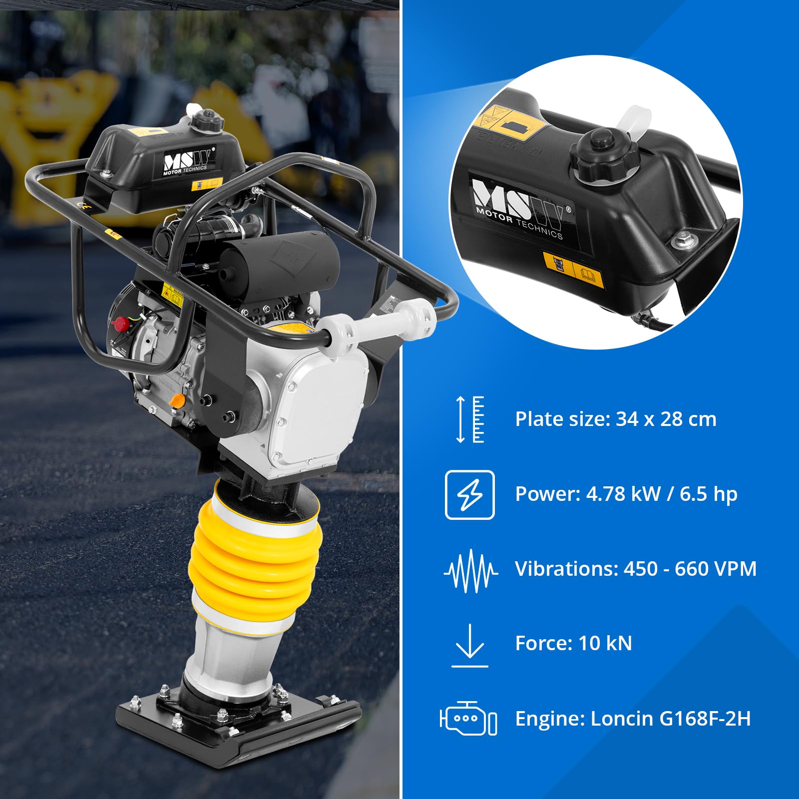 MSW Pilonneuse thermique - 34 x 28 cm - 10 kN, 450-650 coups/min, moteur Loncin de 6,5 ch, cadre anti-vibration, roues intégrées, dameuse plaque vibrante, compacteur de sol