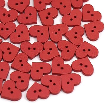 JJLFresheners 100 Red Heart Wooden Buttons 2 Holes, 0.6 Inches, Sewing Notions