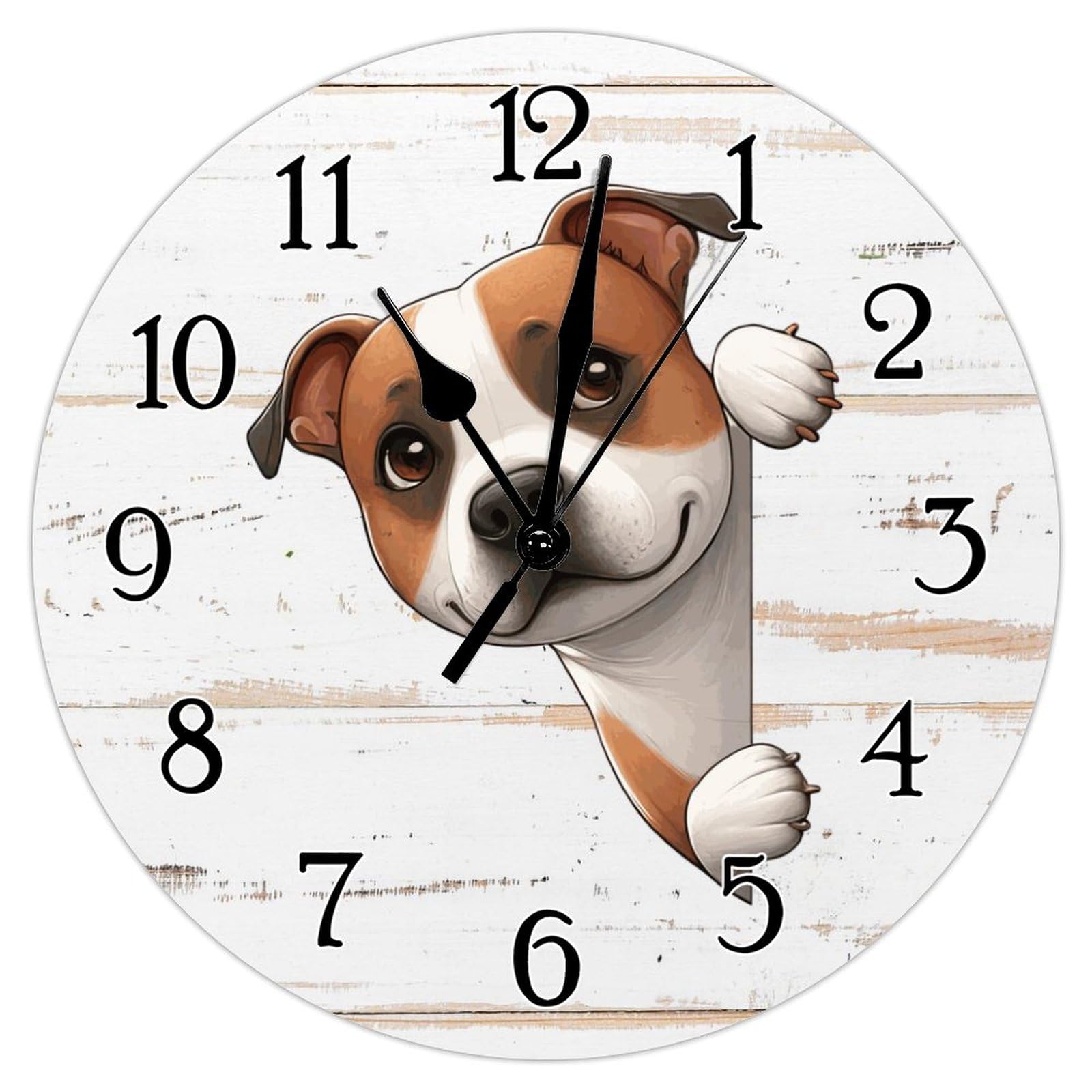 Swavecat Clock Staffordshire Bull Terrier Wall Clock Staffordshire Bull Terrier Dog Peeking Around Corner Wooden Wall Clocks Non-Ticking Battery Operated Clock Pet Memorial Clocks 10x10in
