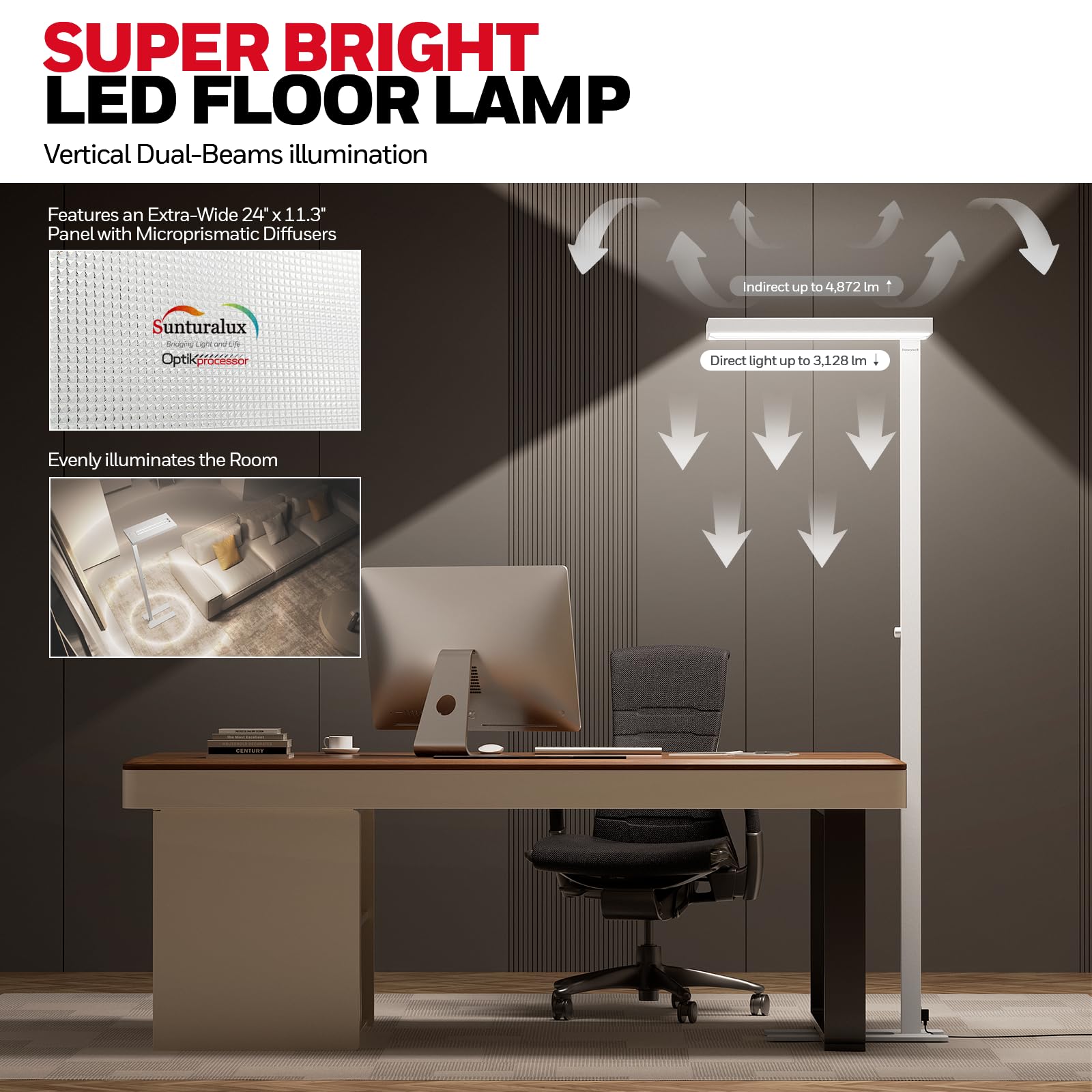 Honeywell 8000LM LED Standleuchte 02E Gen, Sunturalux augenschonende Leselampe, 80W Tageslicht 4000K dimmbar, 196 cm weiße Stehlampe für Wohnzimmer, Kinderzimmer, Arbeitszimmer, Homeoffice