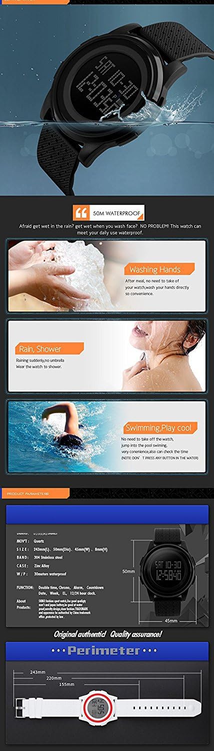 Gosasa New Soft Band Sport Watch LED Electronic Digital Watch 5ATM Waterproof Outdoor Sport Watches for Women Men Wrist Watch (Blue)