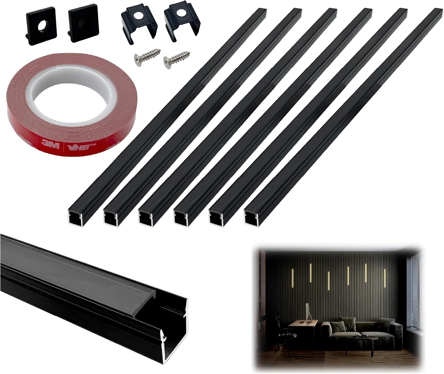 HAMRVL 6-Pack 16-Inch 10×10mm Black LED Aluminum Channel System for Wood Slat Wall Panels, U Shape LED Channel Profile with Mounting Accessories, LED Strip Diffuser for Acoustic Panels, Wall Decor