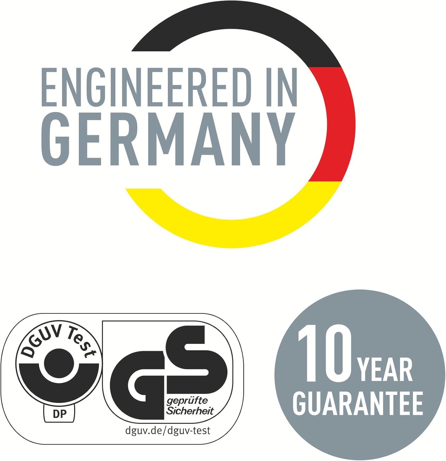 Leitz product guarantee and quality assurance icons, including 'Engineered in Germany' and '10 Year Guarantee'.