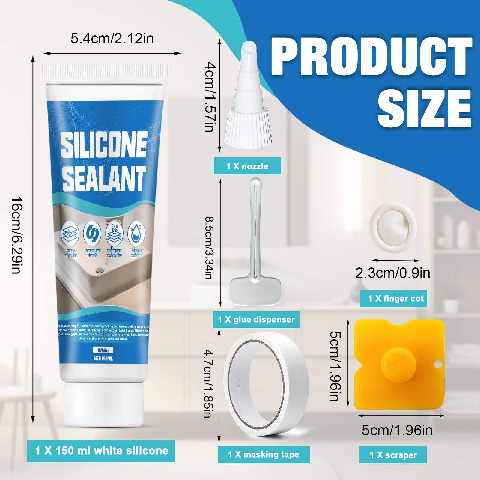 ALLONY Silicone Bianco, Silicone Doccia, Sigillante Bianco Bagni Cucine, Impermeabile, Flessibile e a Lunga Durata, Cucina e Bagno Vari Giunti di Piani di Lavoro, Fughe Piastrelle, 150ML