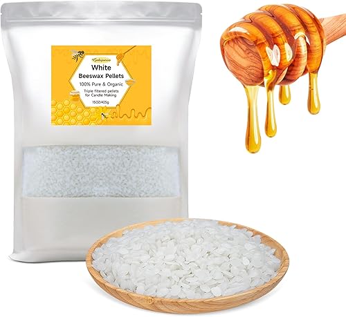 Gadojuewo Pellets de cera de abejas blanca orgánica  14.24 oz de cera de abeja pura para hacer velas, pellets de cera de abeja para la piel, cera de