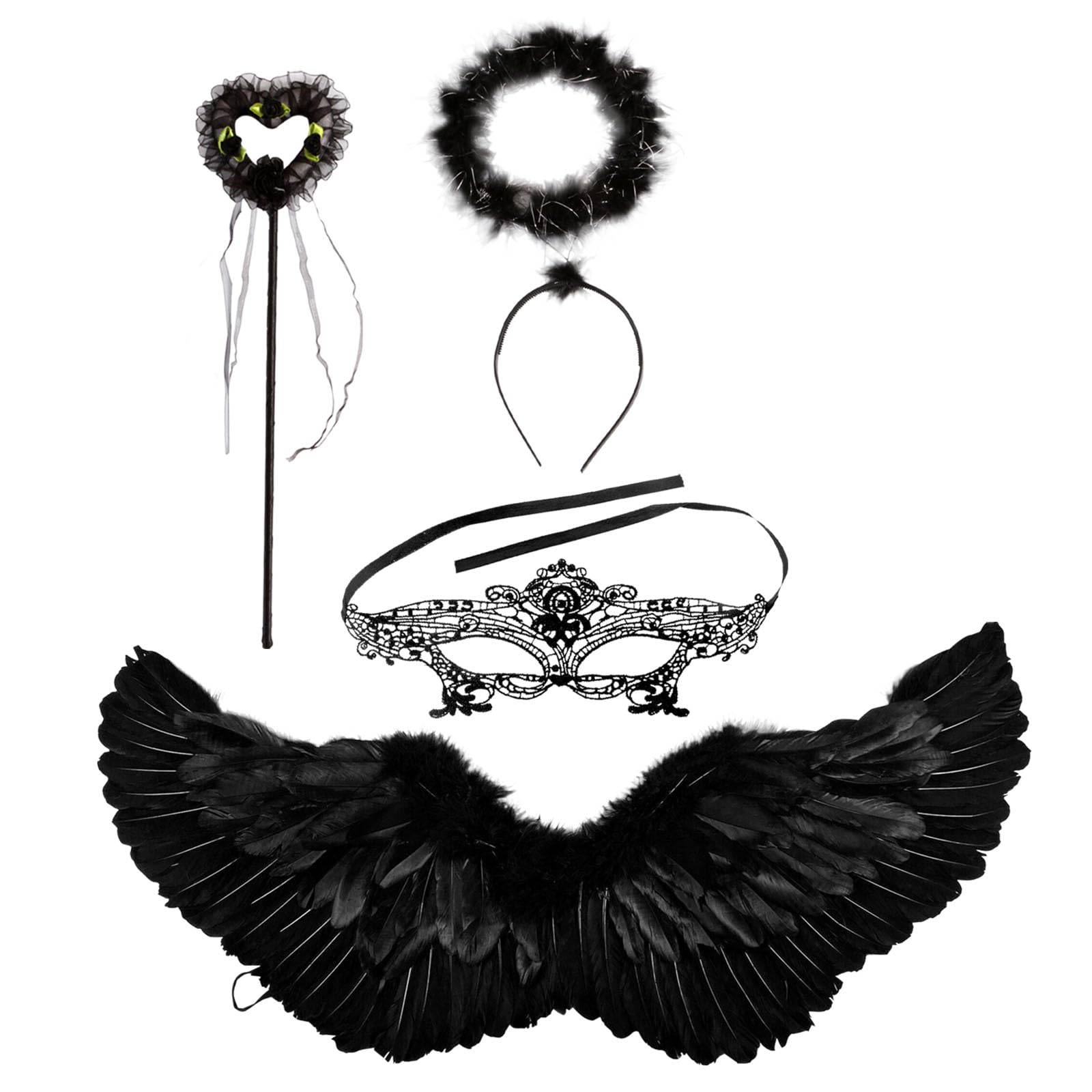 GWAWG Alas de Ángel Negro y Halo, Varita de Hada, Máscara de Ojos de Encaje Sexy, Disfraz de Ángel Caído de Halloween, Adulto Adolescente Alas de Ángel para Halloween Navidad Fiesta de Cumpleaños