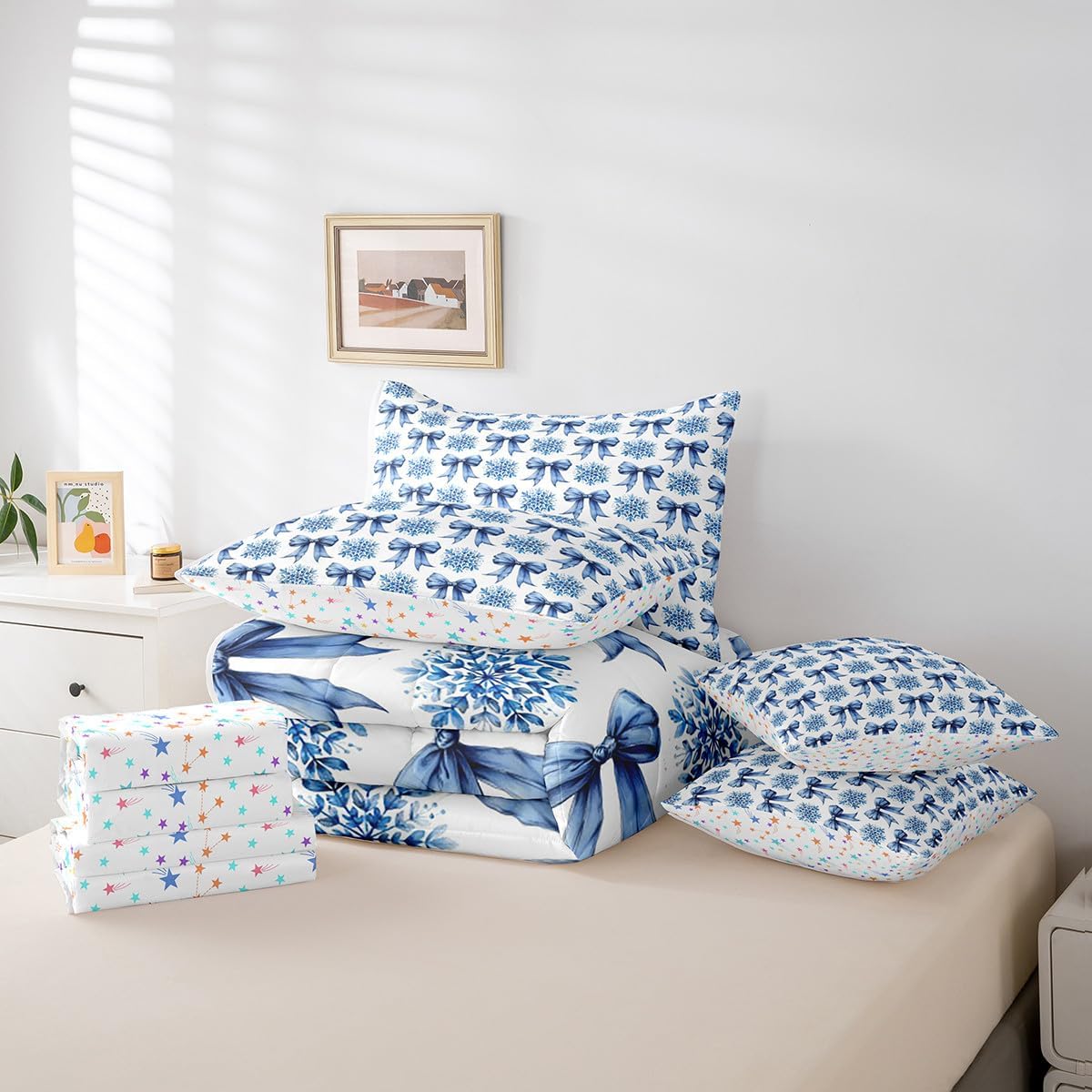 Manfei Blue Bowknot Bed Set in a Bag 7 Pcs,Winter Snowflake Romantic Christmas Bedding Set,Princess Style Bow Patchwork Xmas Gifts Comforter with Fitted,Flat Sheet,Pillowcase,Pillow Covers,Twin