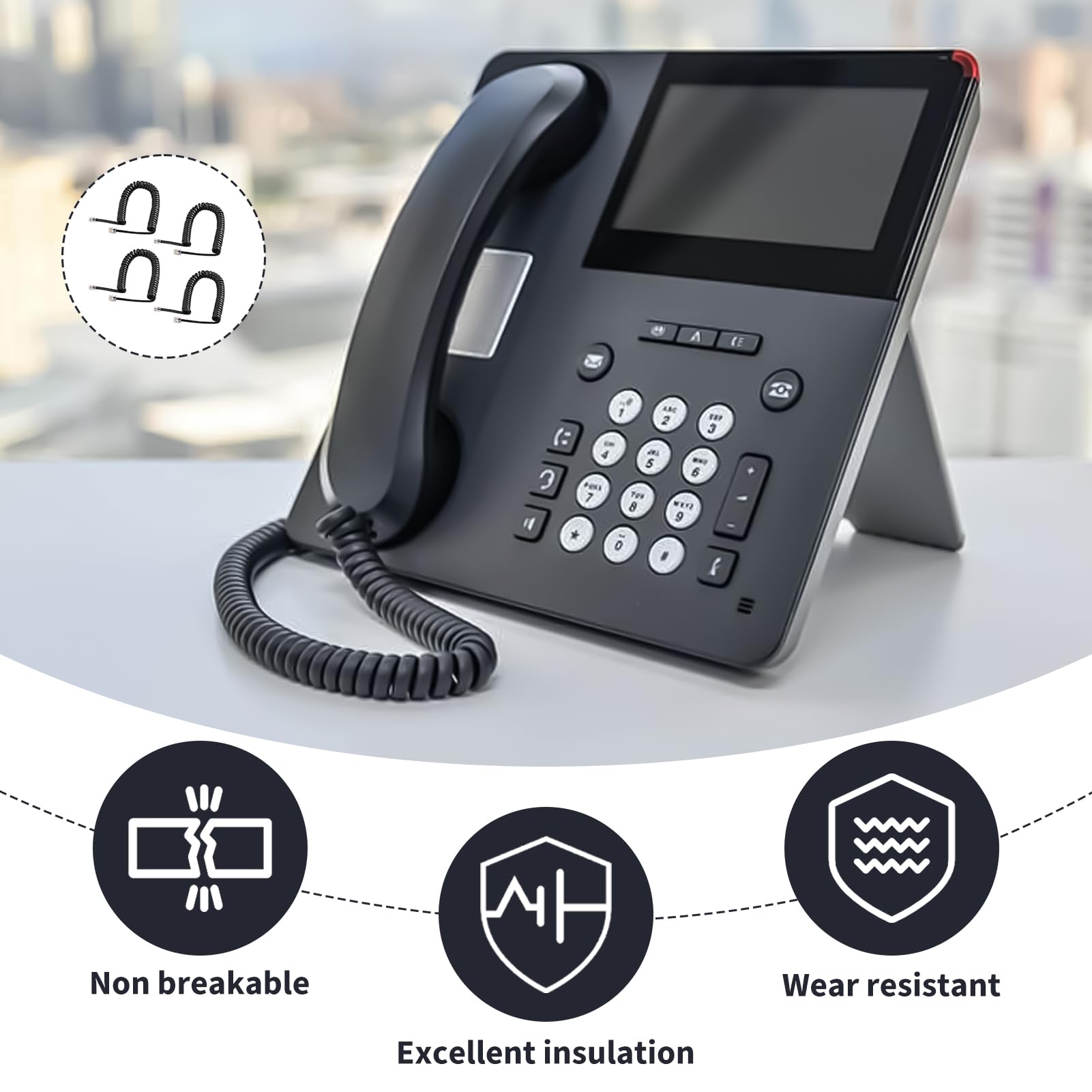Lot de 4 Câble Téléphonique RJ9 4P4C Spiralé 5m Étendu Câble Combiné Téléphone Fixe Noir Fil de Remplacement pour Téléphone Bureau Maison Standard Universel Compatible Téléphones Fixes et Combinés
