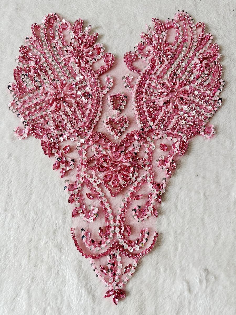 Handmade Shinning Rhinestones lace Applique Pure handsewing Beads Crystal Sequins Trim Patches Perfect Decoration Accessories (Pink)