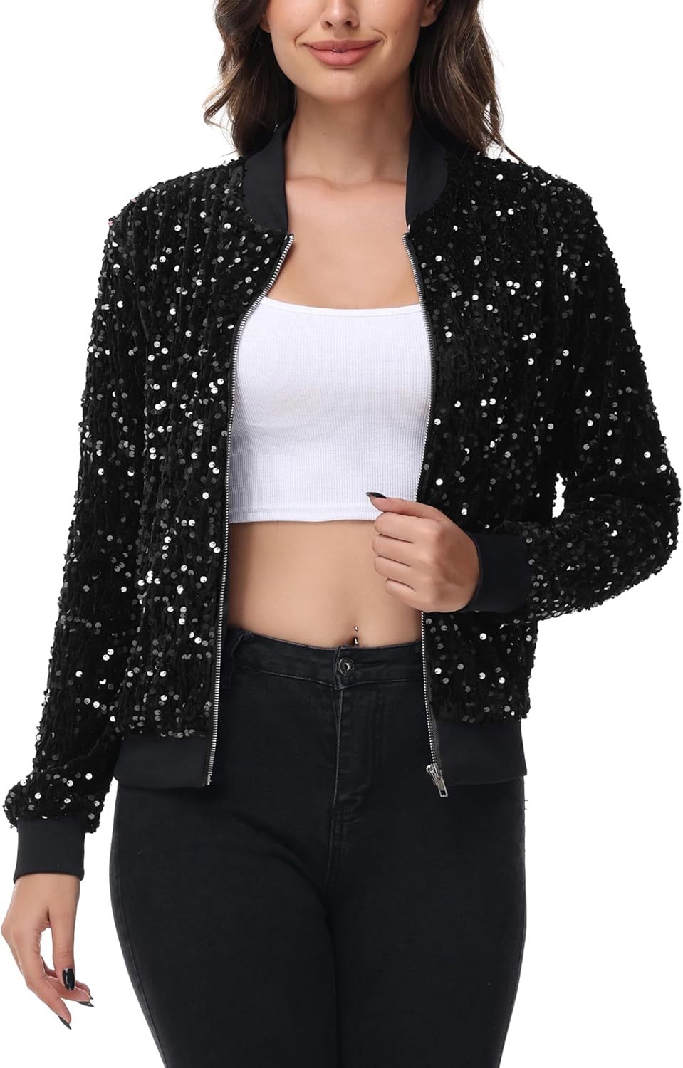 Anna-Kaci Women's Sparkly Sequin Jacket Zipper Long Sleeve Glitter Sequin Bomber Jacket with Pockets - Image 2