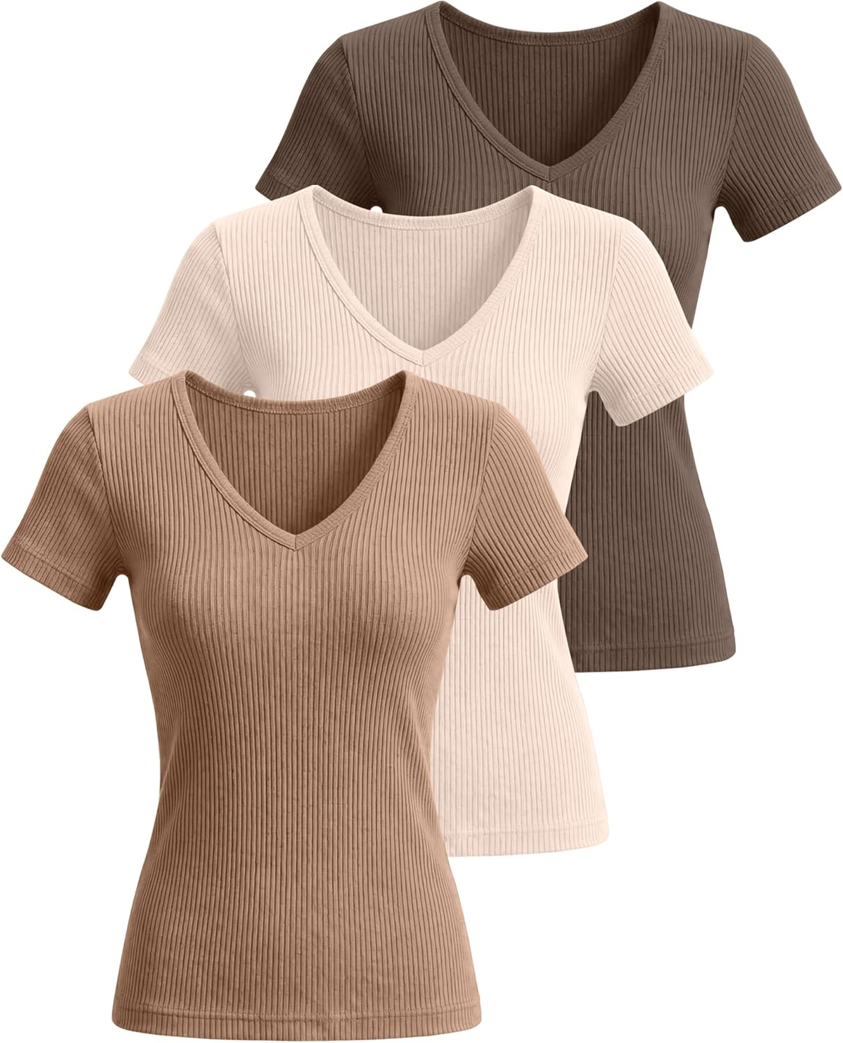 Ficerd 3 Pack Women's Short Sleeve Cotton T-Shirts V Neck Ribbed Slim Fit Tops Ladies' Casual Summer Basic Tee - Image 3