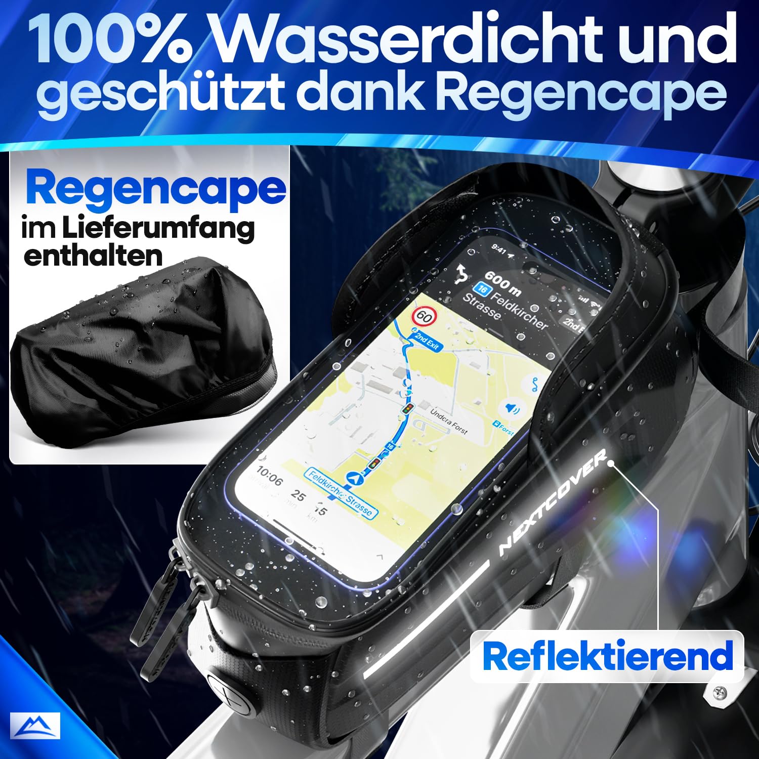 Nextcover® Rahmentasche Fahrrad mit Handytasche I Fahrrad Rahmentasche mit Touchscreen I Fahrradtasche Rahmen Wasserdicht, Oberrohrtasche Bikepacking - Ideal für E-Bike, MTB, Gravelbike, Rennrad