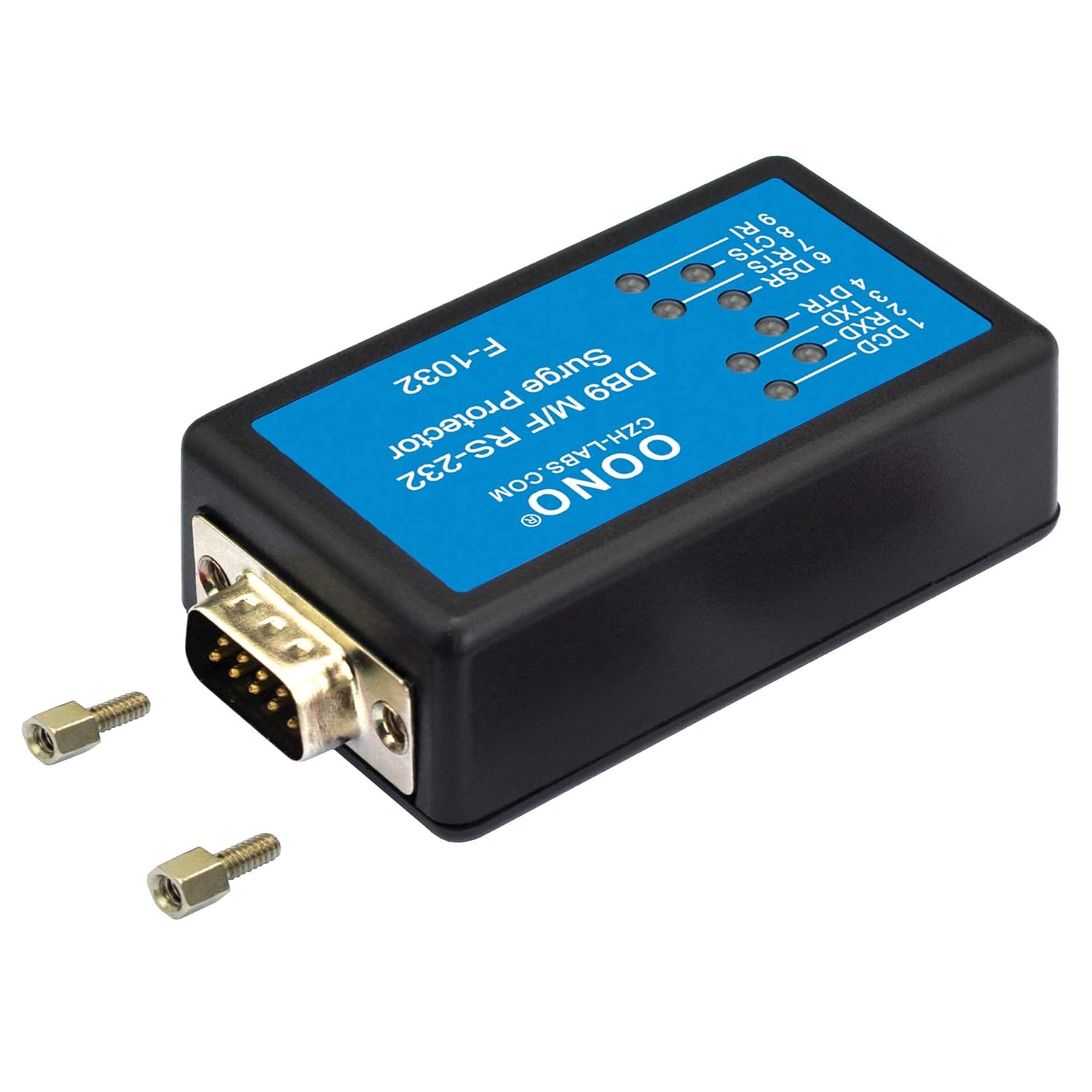 มุม view of OONO RS232 DB9M/F LED Link Tester with removable jack sockets.