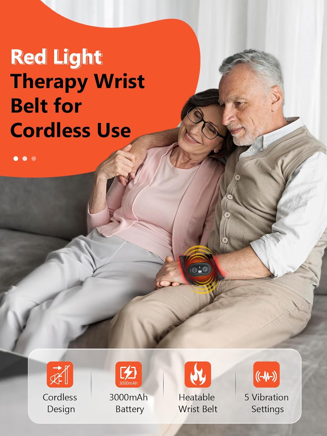 Elderly couple using the red light therapy wrist belt, highlighting its cordless design, 3000mAh battery, heatable feature, and 5 vibration settings