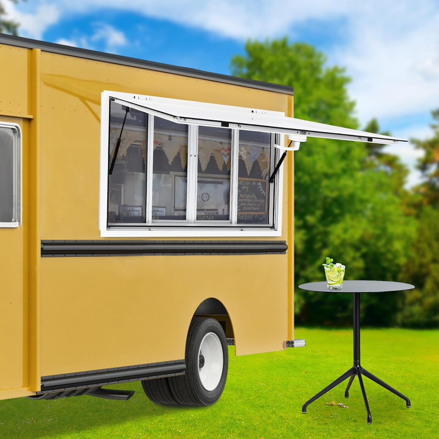 Concession Window for Food Truck, 50 x 30 inch Concession Stand Serving Window Aluminum Alloy Food Truck Service Awning Door Up to 80 Degrees W/ Drag Hooks & 2 Pneumatic Support Rods (50*30 inch)