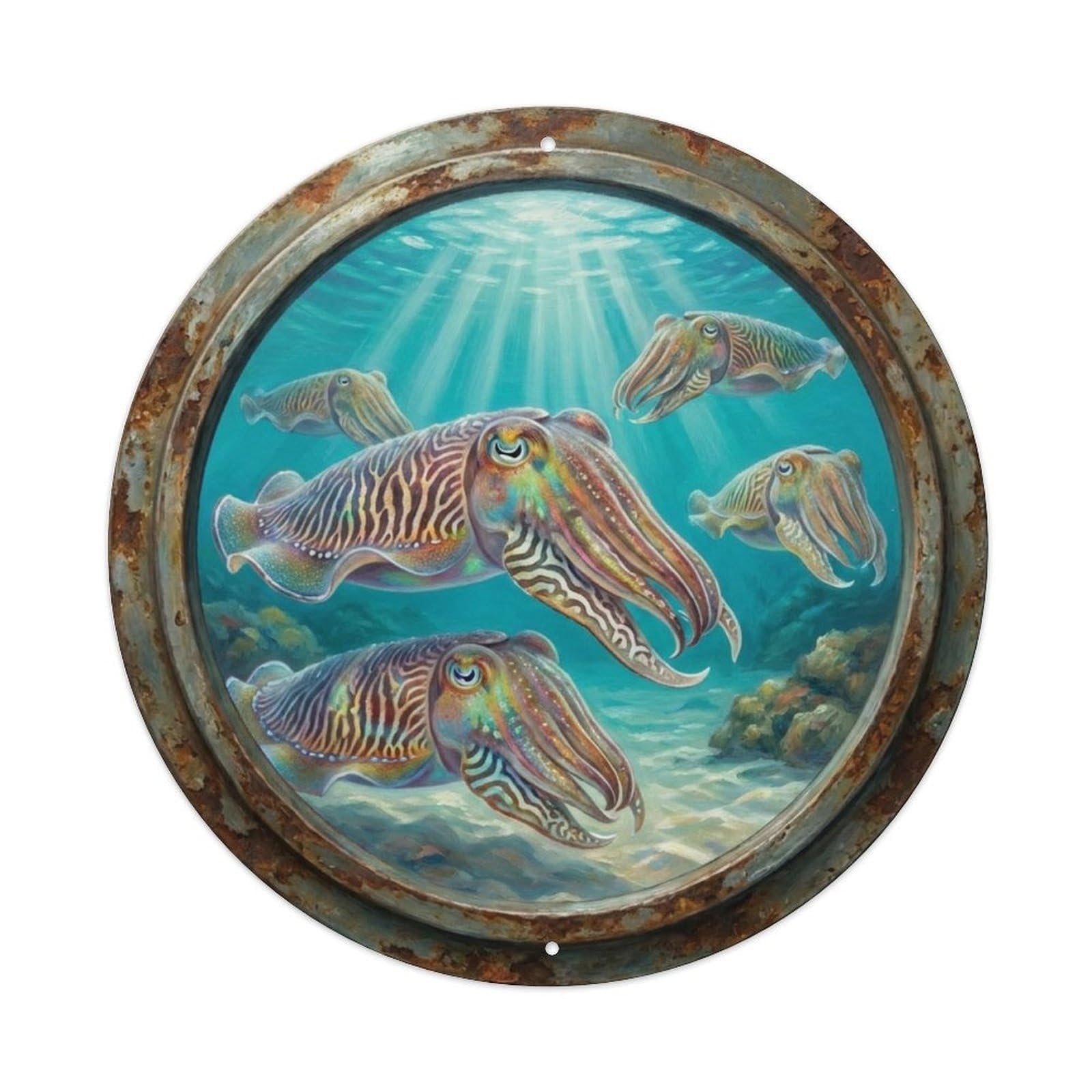 Vintage Porthole Cuttlefish Change Ship Window Undersea Deep Metal Tin Sign