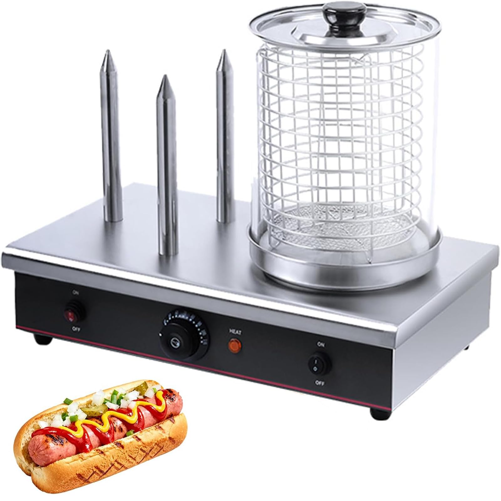 MObyat Vaporizador Comercial De Perritos Calientes De 700 W, Calentador De 3 Palos para Perritos Calientes Y Panecillos con Púas para Calentar El Pan, Termostato Automático Ajustable De 30 A 110 ℃