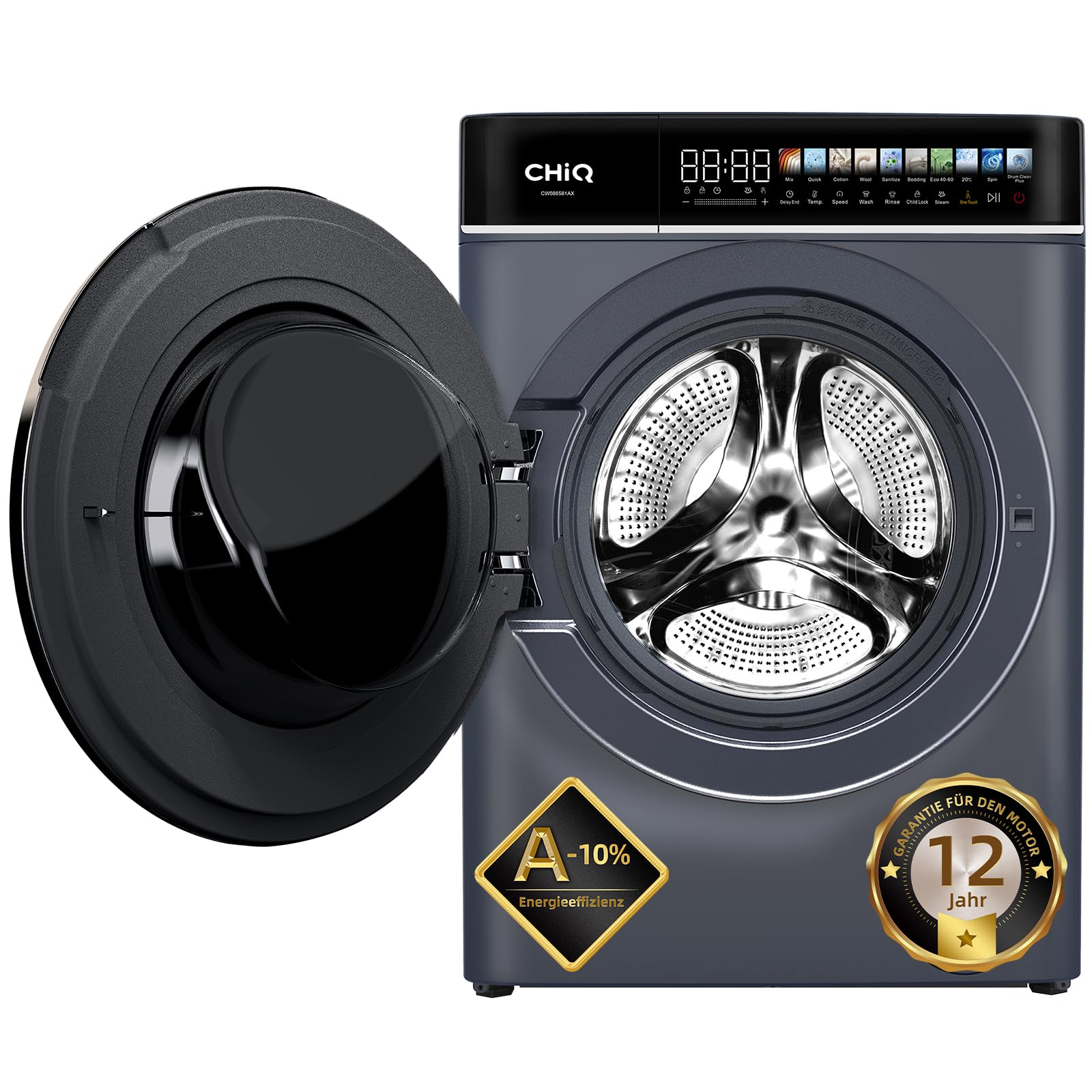CHiQ Waschmaschine 8kg Frontlader, 1400 U/min, EEK A-15%, Touchscreen, Dampffunktion, 52cm tief, Schwarz