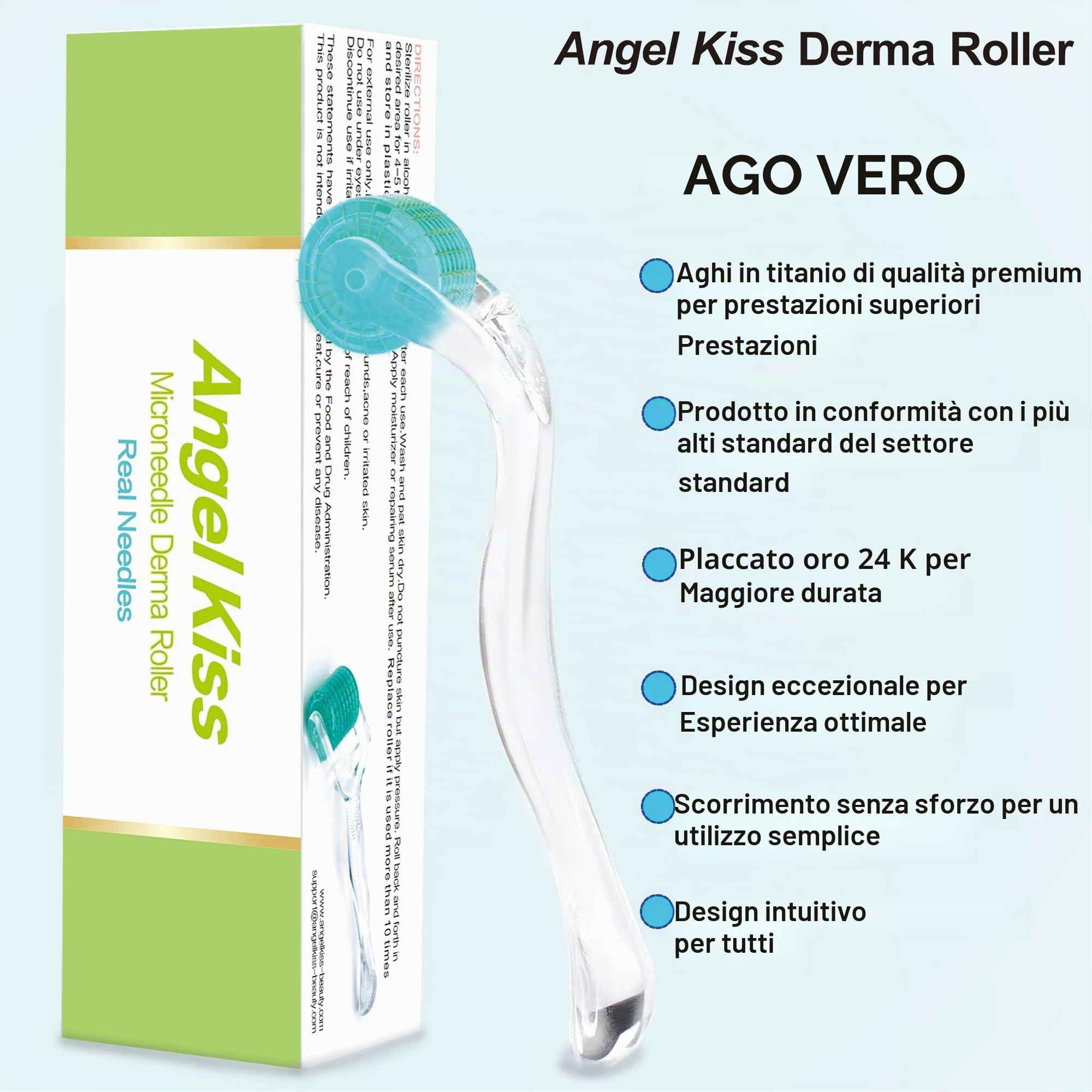 Angel Kiss Derma Roller 0,5 mm aghi veri – 192 singoli aghi in titanio – Rullo per microneedling per viso, corpo, barba, cuoio capelluto e cura della pelle