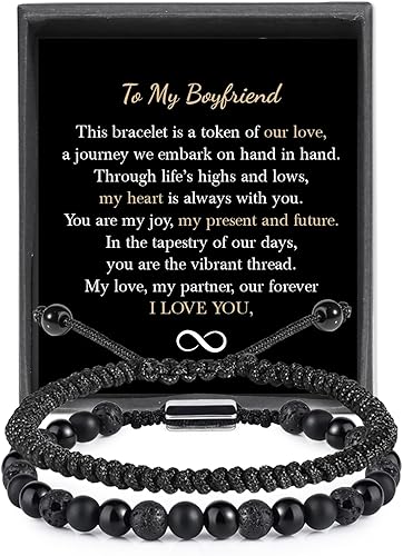 Miniatura 38 de Black Beaded Bracelets for Men Boys: 6mm Obsidian Onyx Lava Beads Mens Bracelet Set Mens Jewelry - Cool Anniversary Valentines Fathers Birthday