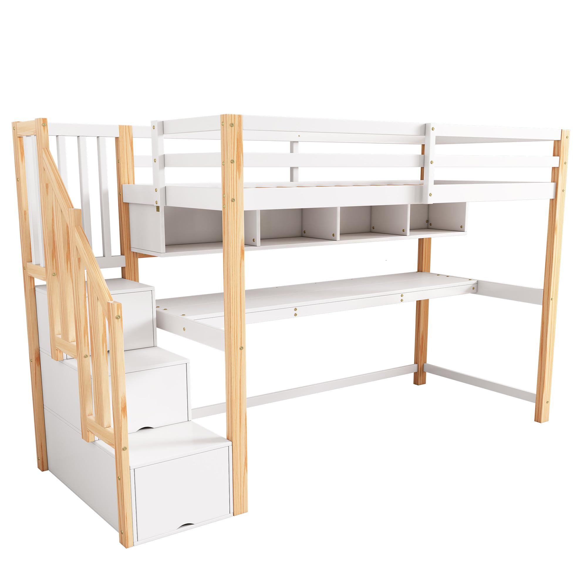 Merax Lit Mezzanine 90 x 200 cm, avec Grand Bureau et Escaliers de Rangement, Lit Enfant avec Étagères de Stockage, pour Garçon et Fille, Blanc et Bois (sans Matelas)