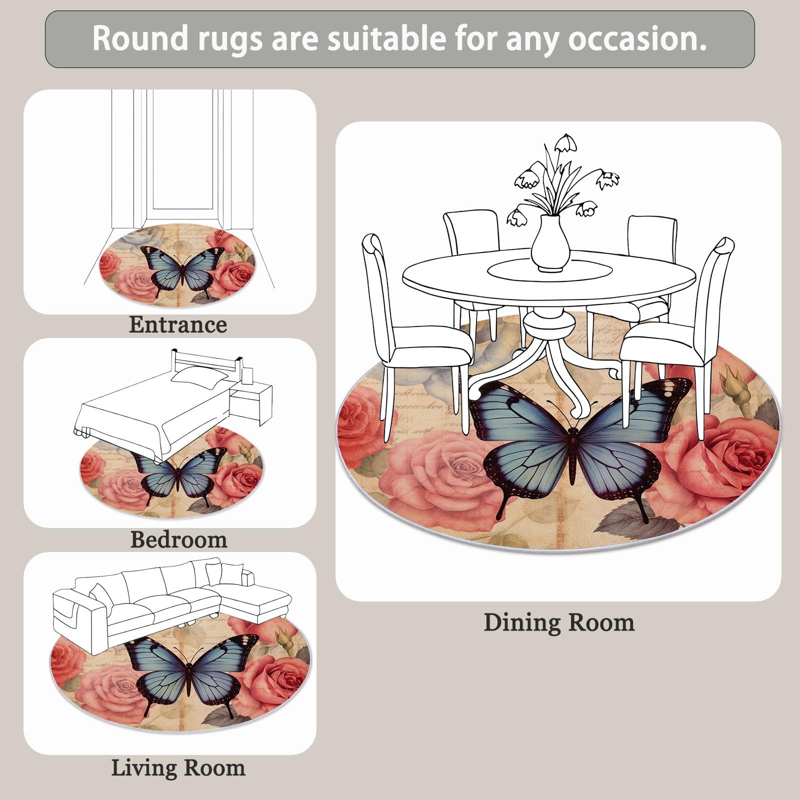 Flauschiger Runder Teppiche Runder 140 cm, Weicher Plüsch Teppich für Schlafzimmer Wohnzimmer - Art Déco Vintage Blumenmuster Schmetterling Bedruckter Kinderteppich Kuscheliger Teppich Beige