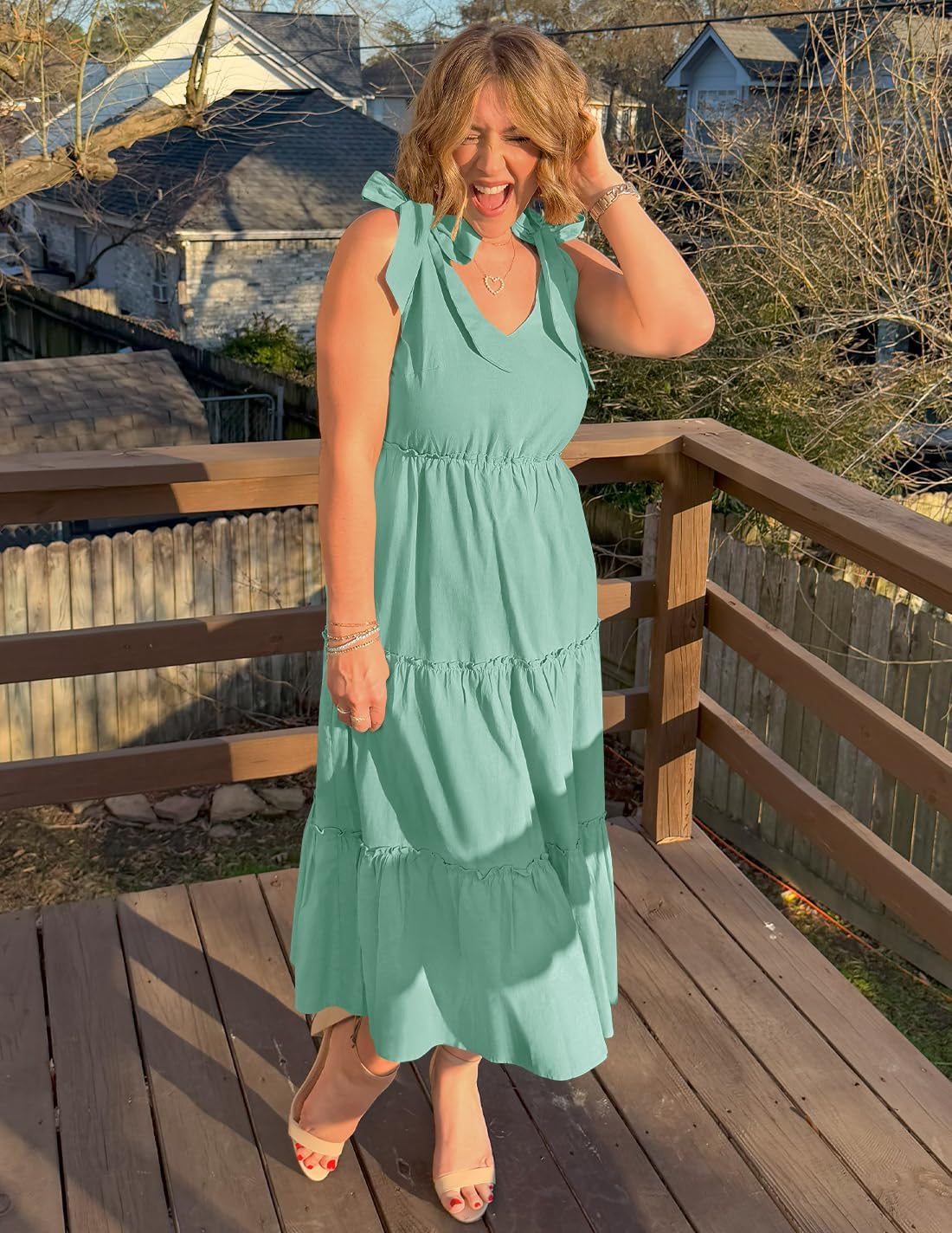 ZESICA Women's 2026 Summer Boho Sleeveless Midi Dresses Casual V Neck Spaghetti Strap Flowy A Line Tiered Beach Long Sundress - Image 5