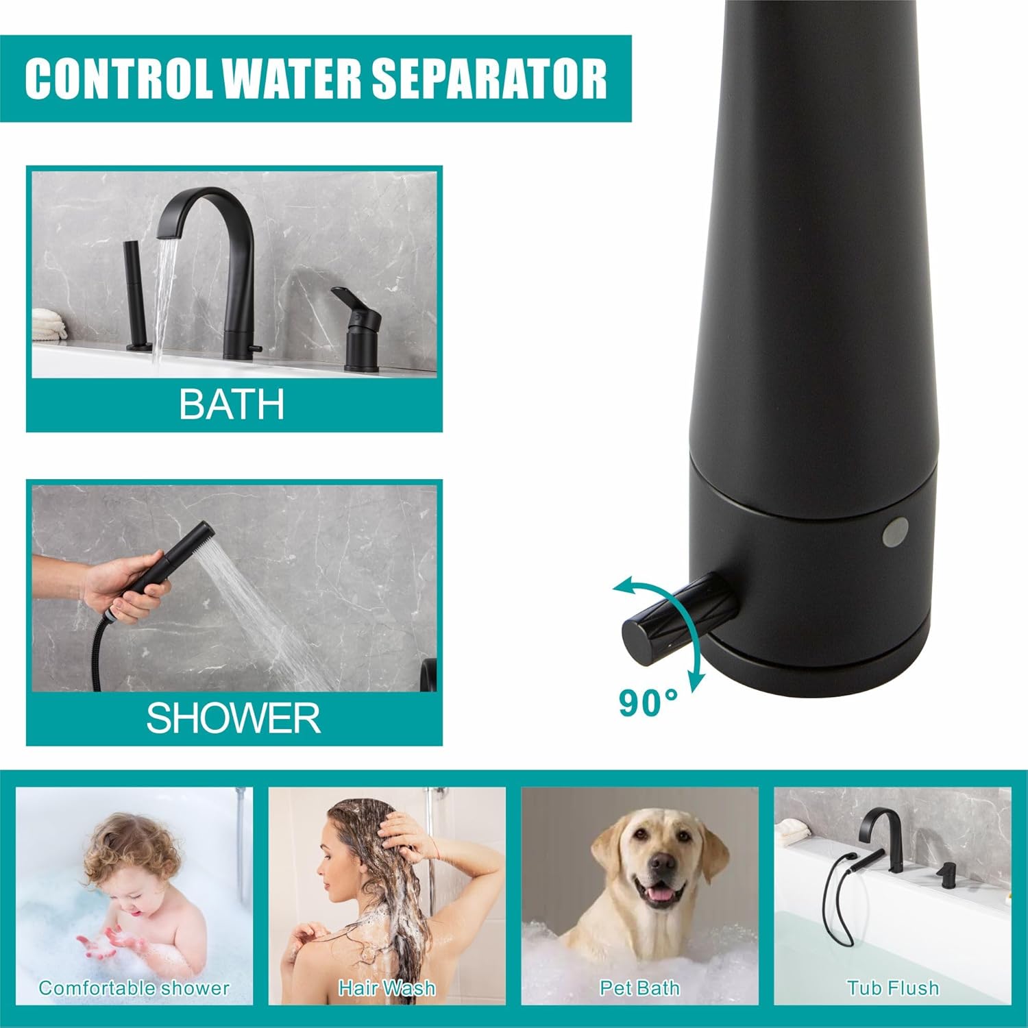 SKOWLL Deck Mount Tub Faucet with Sprayer Widespread Roman Tub Waterfall Faucet 3 Hole, Hight Arc Bathtub Spout, Multifunction Handheld Shower, Matte Black