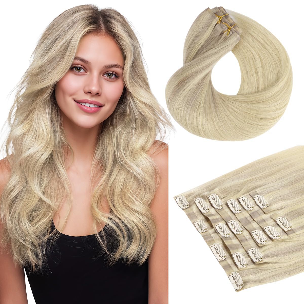 HOTBANANA Clip in Hair Extensions 22 inch 150g 7pcs Ash Blonde to Golden Blonde and Platinum Blonde Clip in Remy Human Hair Extensions Straight Hair