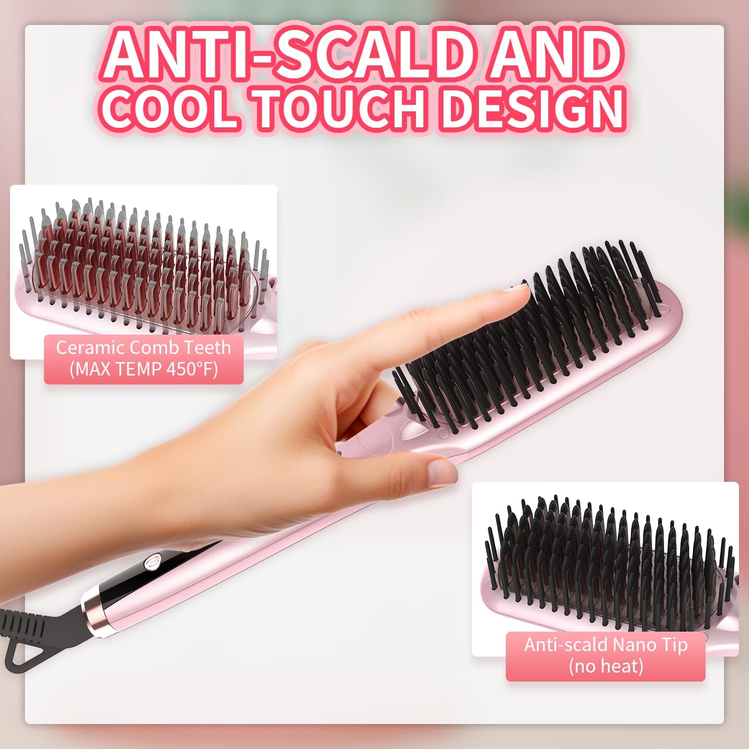 Hair Straightener Brush Straightening Brush Ceramic 2-in-1 Ionic Straightening Brush with Anti-Scald Feature,MCH 20s Fast Heating up, 170℉-450℉,LCD Display, Dual Voltage - Image 5