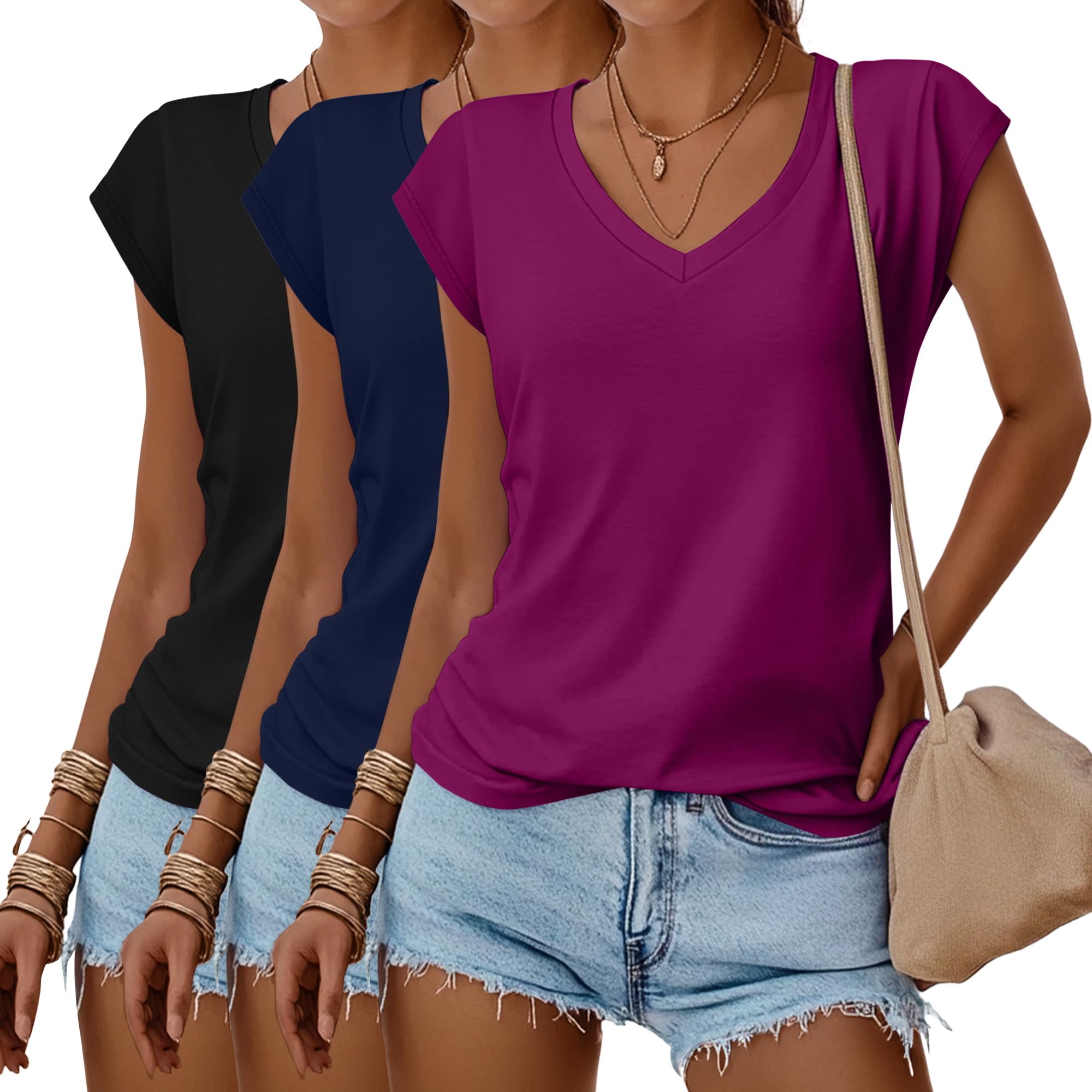 Geyoga 3 Camisetas Mujer Cuello V Manga Casquillo