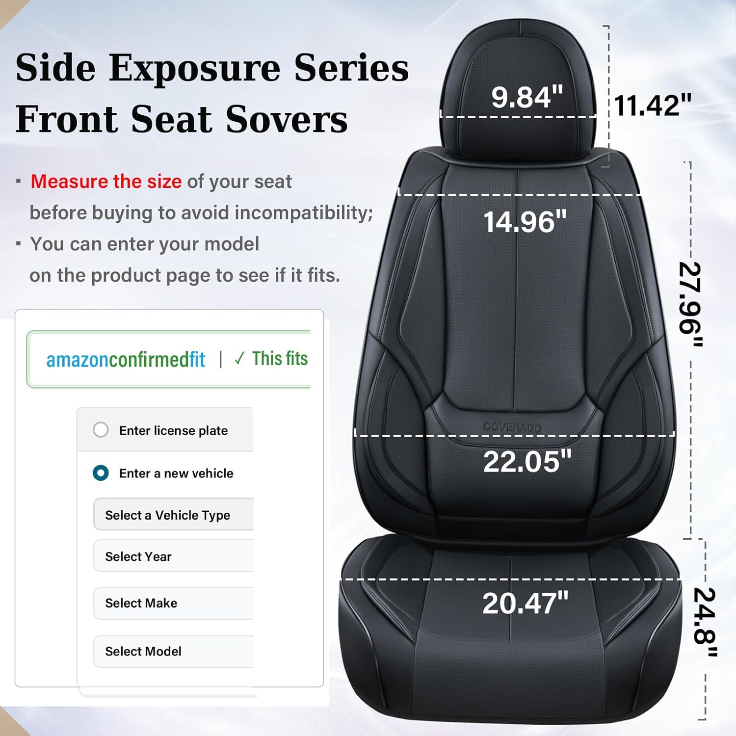 COLOR CREAM Coverado Front Seat Covers, 2 Pieces Universal Seat Covers for Cars, Waterproof Nappa Leather Sideless Car Seat Cushions Protective Auto Accessories, Universal Fit for Most Sedans SUV Pick-up, Black