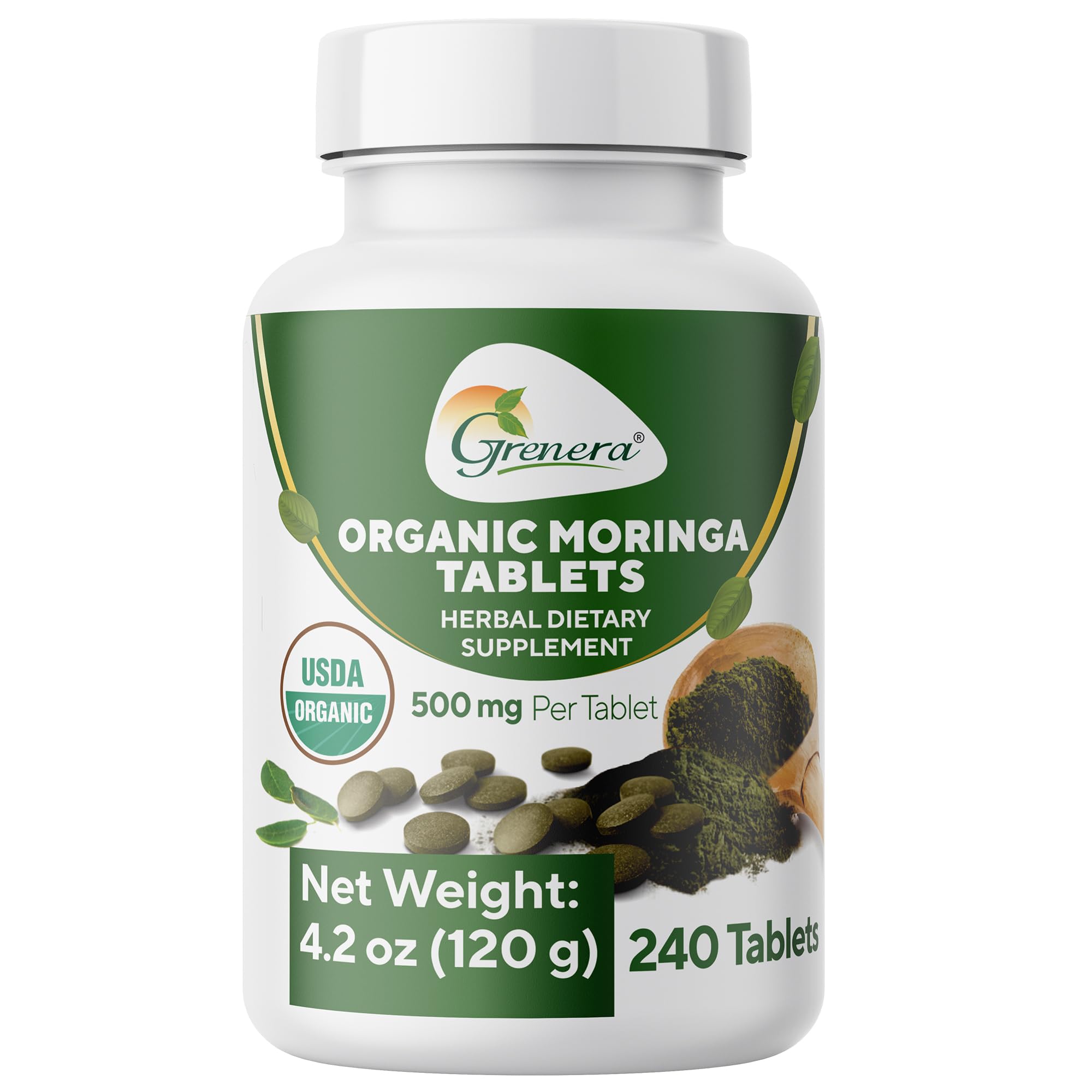 Grenera Organic Moringa Tablets 240 nos, Uncoated Organic Certified Malunggay Herbal Supplement, No Chemical Coating, Green Superfood, Lab Tested for Purity