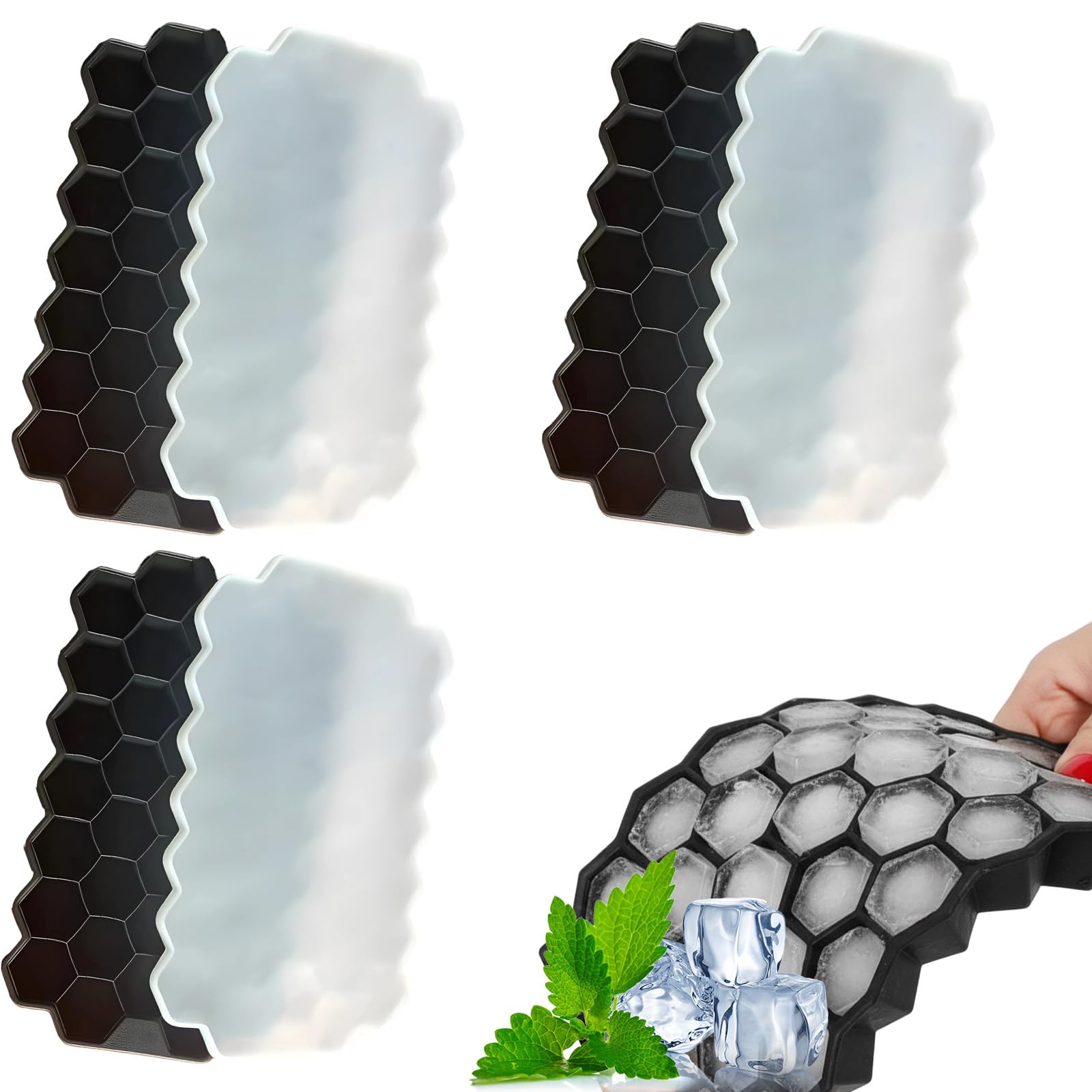 3 Pack Silicone Ice Cube Tray with Lids, 37 Cavity Honeycomb Ice Cube Moulds, Food Grade Silicone Ice Cube Tray for Freezer, Ice Cube Maker for Frozen Partys Home (Black)