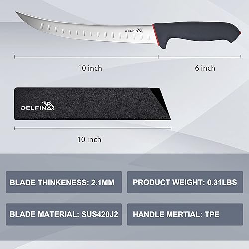 Miniatura 7 de DELFINA Cuchillo de rotura curvado de 10 pulgadas con funda y mango de agarre suave cuchillo de rotura de carnicero para corte de carne acero