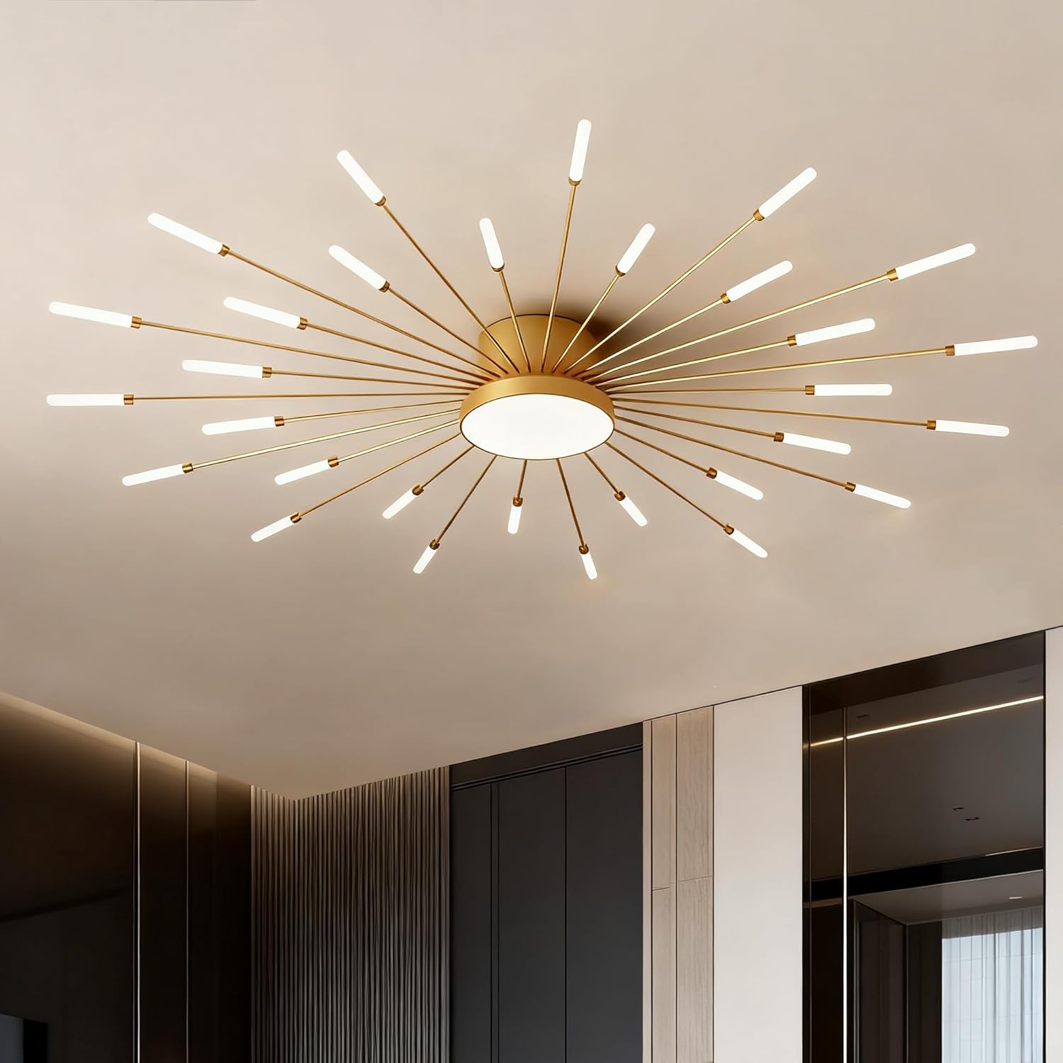 50 Inch Led Ceiling Light Fixture 30 Lights Modern Sputnik Ceiling Light Flush Mount Ceiling Lamp Gold Indoor Lighting for Living Room Bedroom 4000K Decorative Fireworks Chandelier