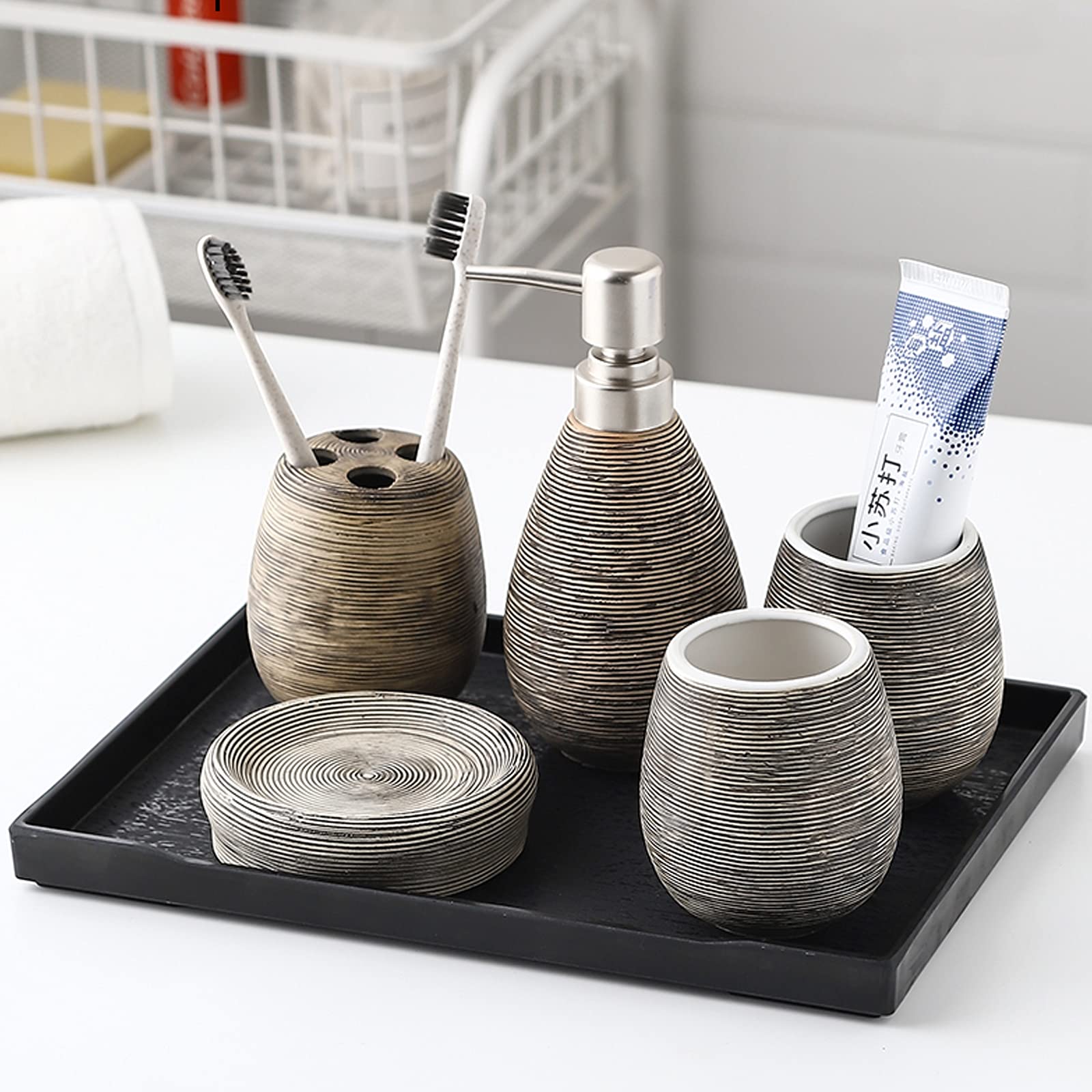 Bad-Accessoires Set Keramik Badezimmer 6-Teilig Mit Seifenspender Zahnbürstenhalterung Seifenschale Becher Und Ablagefach Luxuriöses Badezimmer-Set,Schwarz